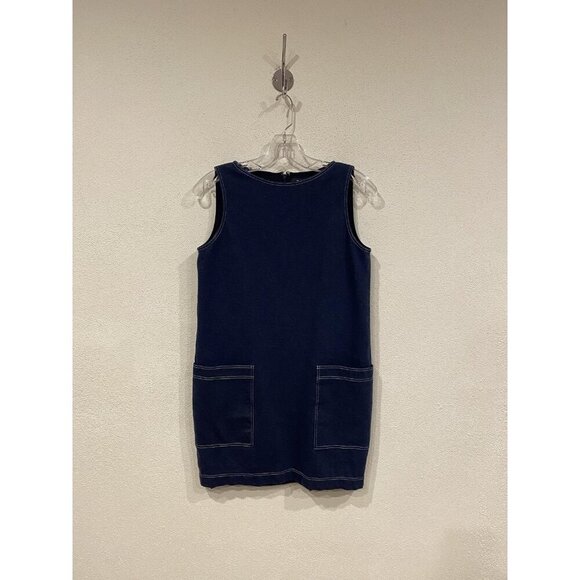 Theory Mod Denim Knit Dress Womens 2 Sleeveless Sheath Shift Pockets Minimalist - Picture 2 of 4